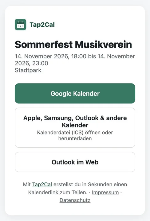 Tap2Cal-Eventseite am Handy mit Buttons für Google Kalender, Apple/Samsung/Outlook (ICS) und Outlook im Web