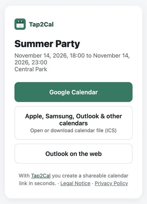 Tap2Cal event page on a phone with buttons for Google Calendar, Apple/Samsung/Outlook (ICS) and Outlook on the web